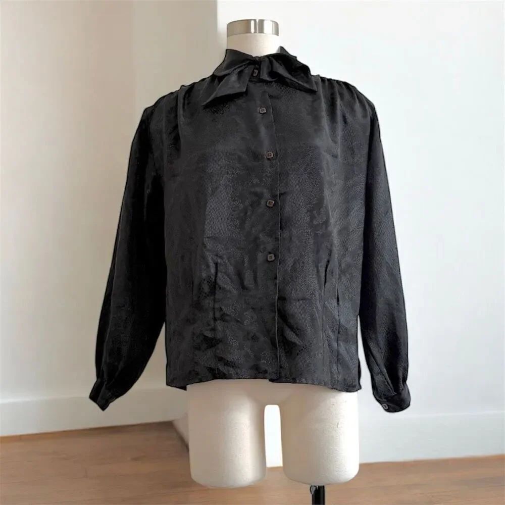 Vintage Oscar De La Renta Black Satin Secretary Blouse Neck Tie Medium Ruffle